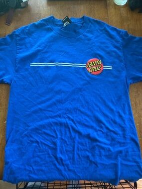 Santa Cruz Skateboards Blue T-Shirt with Red & Yellow Logo and White Stripes
